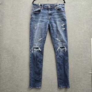 American Eagle Outfitters Men's Blue Denim Slim Fit Ripped Jeans